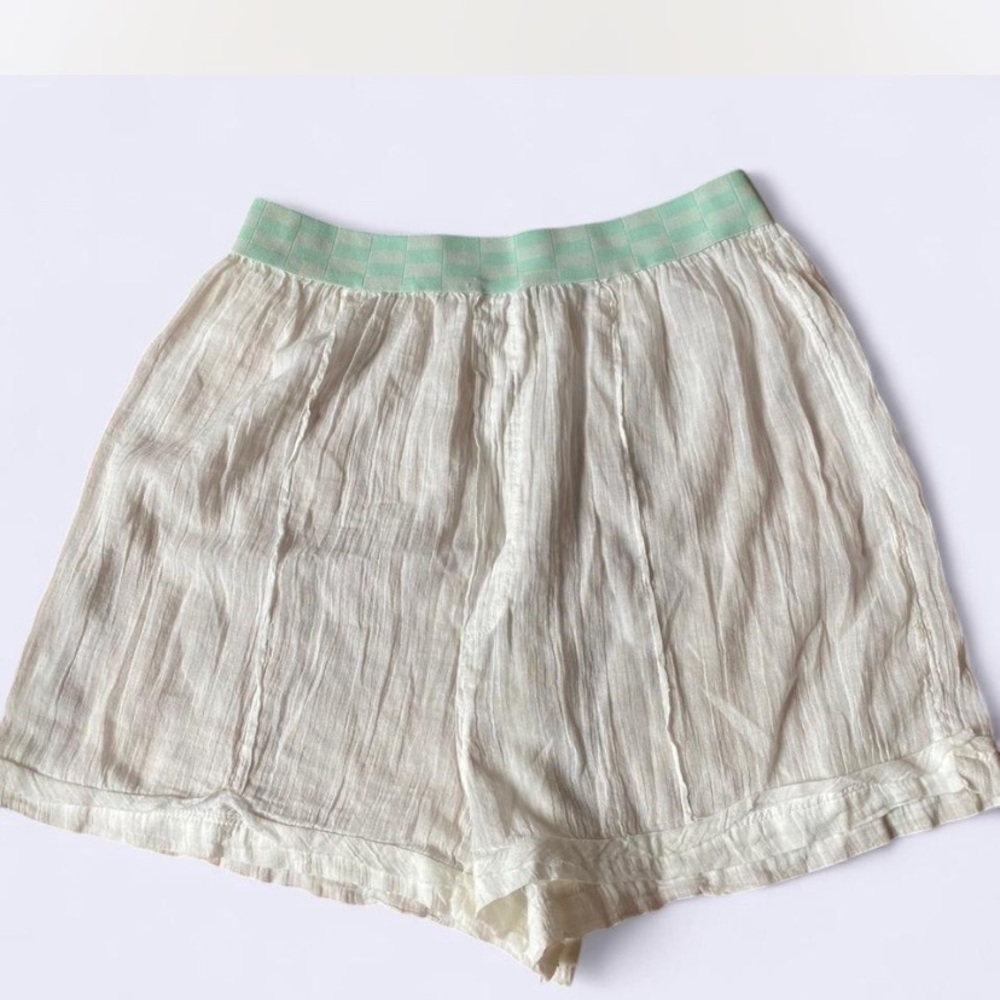 Free People Light Cream Shorts with Checkered Green Waistband